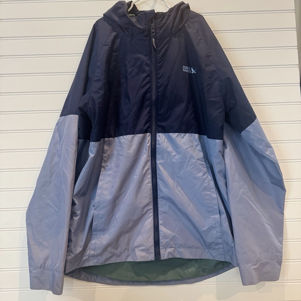 Eddie Bauer Kids L 14/16 Rain Jacket Navy Blue Colorblock Hooded NWOT